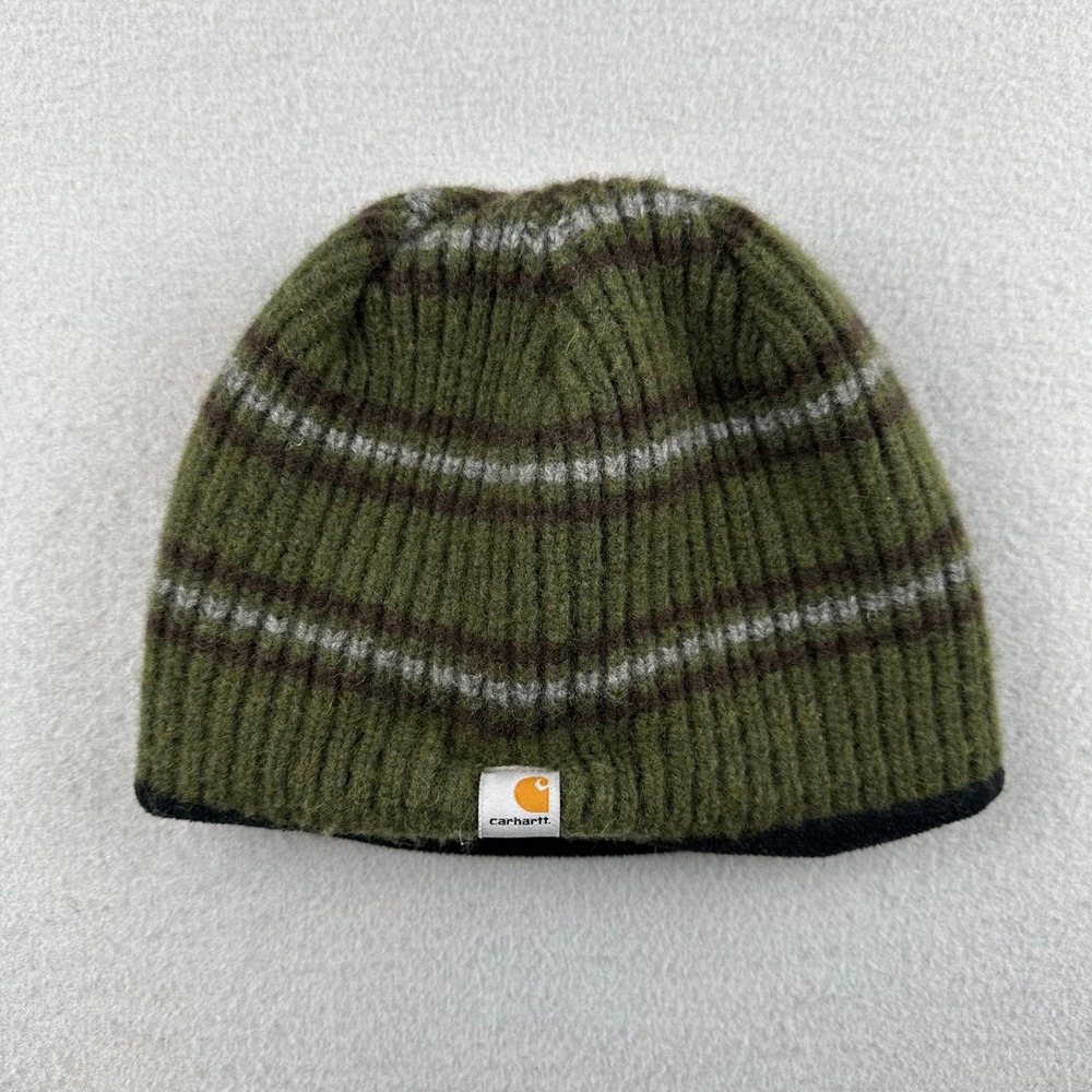 Carhartt Beanie Unisex OS Olive Green Striped Reversible Fleece Lined Ribbed